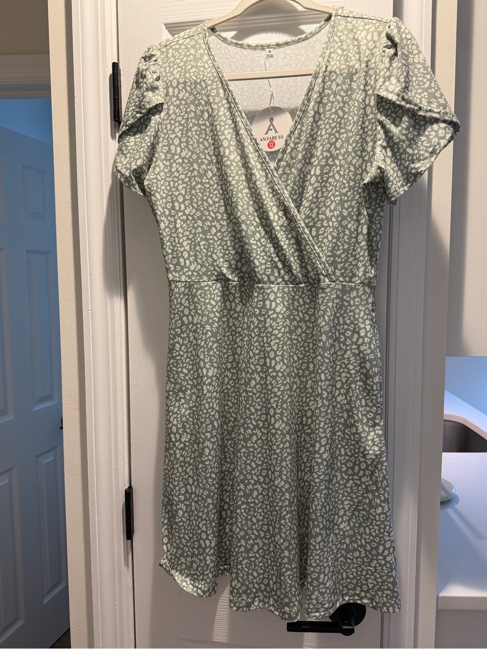 Annabelle Light Sage Green and Cream Printed Faux-Wrap Midi Dress
